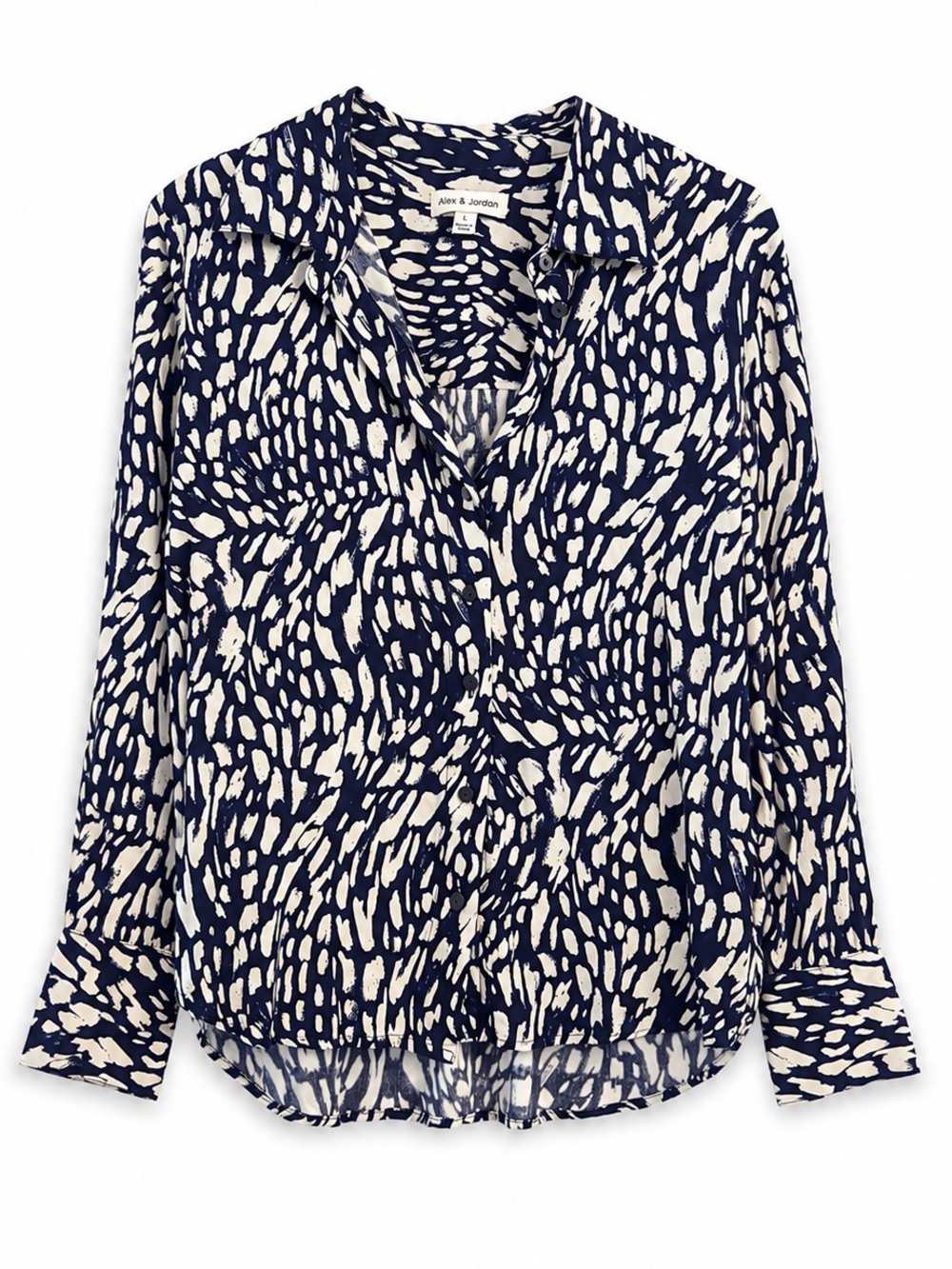 Alex & Jordan Navy Cream Abstract Print V-Neck Long Sleeve Button Blouse Size L